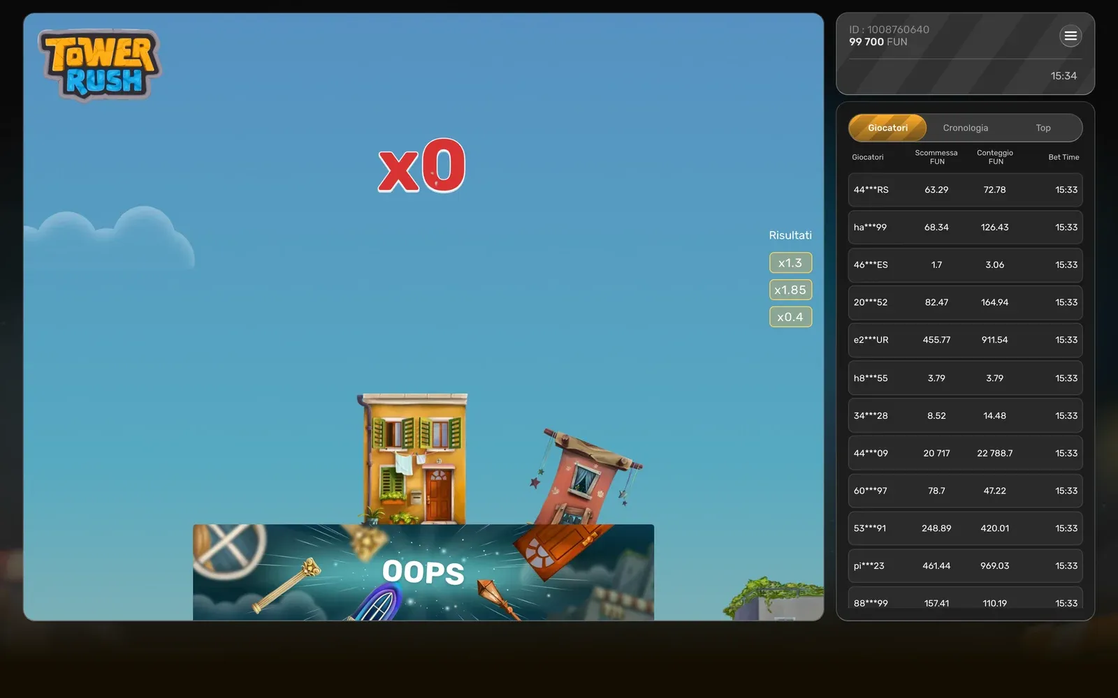 Crollo in Tower Rush: una x0 rossa e il banner OOPS sopra i pulsanti