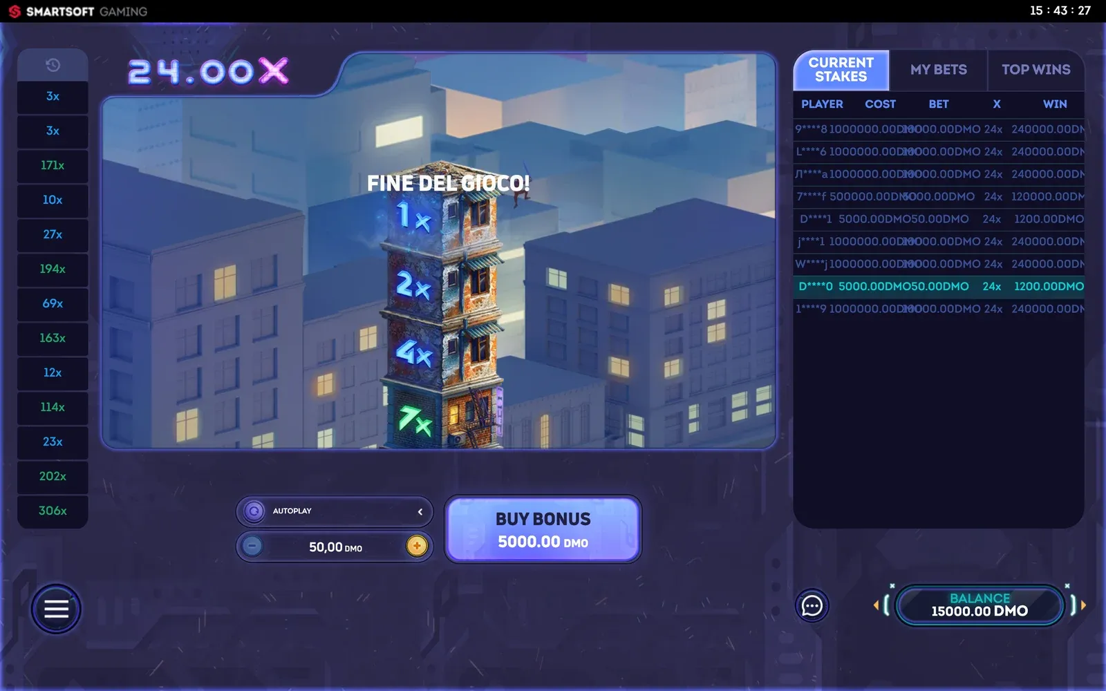 Tower X a 24X con la scritta FINE DEL GIOCO! e un omino che salta con l’ombrello