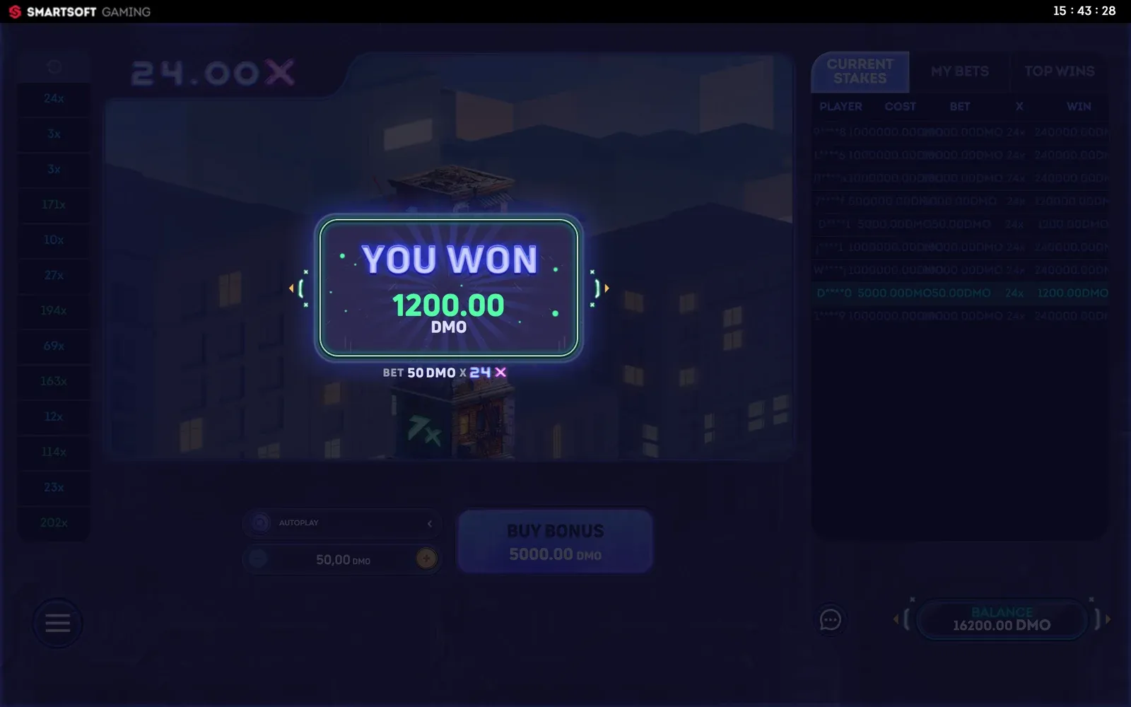 Finestra YOU WON di Tower X: 1.200 DMO, puntata 50 DMO per 24X